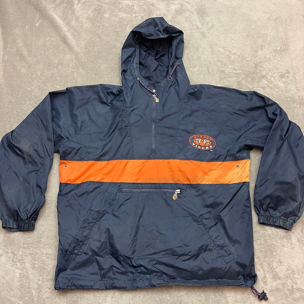 Vintage 90s Auburn Tigers Windbreaker Nylon Hoodie Jacket Men's L 1/4 Zip Navy
